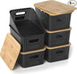 Plastic Storage Baskets with Bamboo Lids, Stackable Small Box Bins for Organizing and Containers for Shelves Drawers Desktop Closet Pantry Classroom Office Home, 6 Pack 10.2x7.2x4.1 Inch, Black