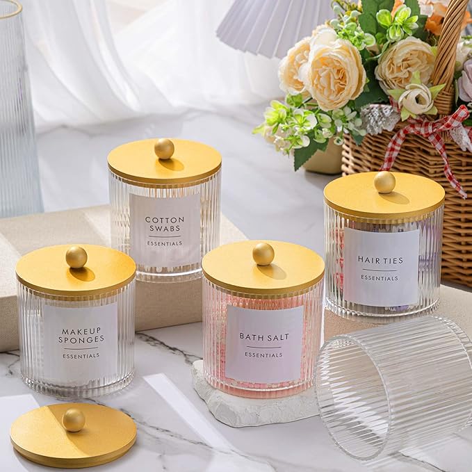 Yaomiao 6 Pcs Ribbed Bathroom Canisters Apothecary Jars with Golden Bamboo Lids and Label Stickers, 18 oz Plastic Canister with Fluted Design for Cotton Ball, Swab, Floss Picks House Storage
