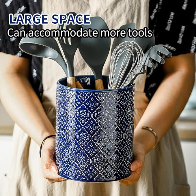 KOOV Kitchen Utensil Holder, Large Utensil Holders for Countertop, 6 x 7 Inches Ceramic Utensil Crock, Deep and Stable, Cooking Utensil Holder, Embossed Pattern (BLue)