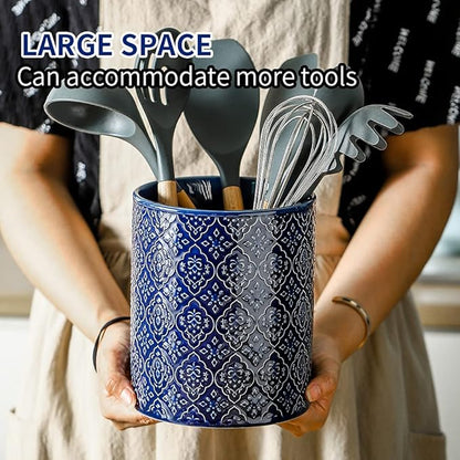 KOOV Kitchen Utensil Holder, Large Utensil Holders for Countertop, 6 x 7 Inches Ceramic Utensil Crock, Deep and Stable, Cooking Utensil Holder, Embossed Pattern (BLue)