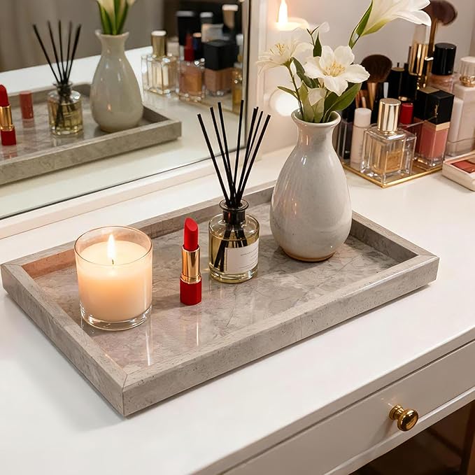 Pure Natural Marble Tray for Bathroom, Dresser, Sink. Cosmetics, toiletries, perfumes, Jewelry, Candles, etc. can be Placed (Floral Wood Grain, 12" x 8" x 1.2")