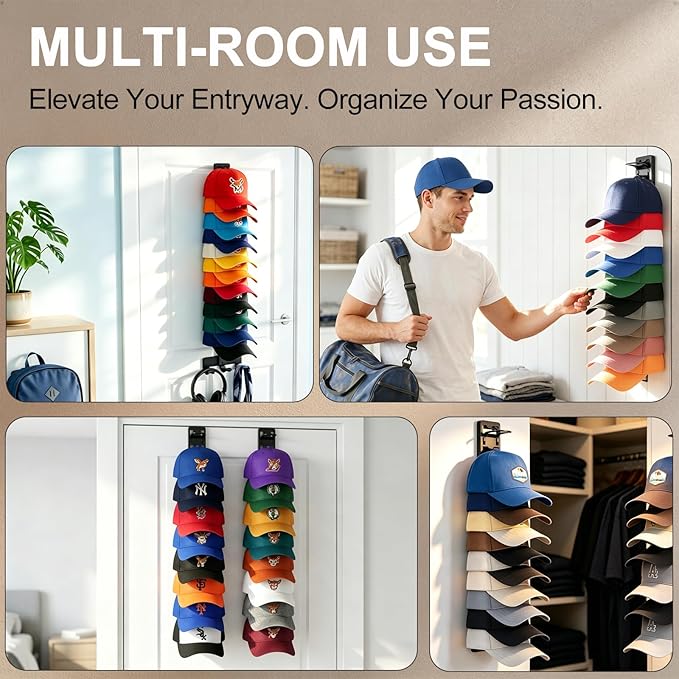 Hat Hook for Wall, 2 Pack Hat Organizer, Hat Holder with Strong Adhesive and Screws, Cap Holder Hat Hangers for Wall Closet Door and Bedroom (Black)