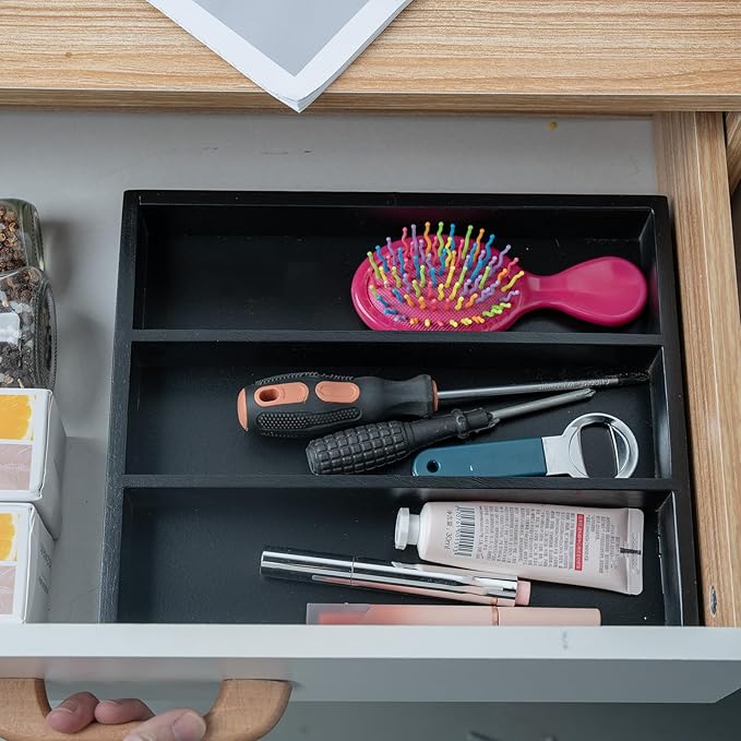 Fibogollo Silverware Organizer Bamboo Kitchen Drawer Organizer, Flatware Organizer Tray for Kitchen, Flatware, Utensils（Black）