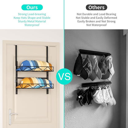 HapiRm Hat Organizer for Baseball Caps - 2 Tier Over the Door & Wall Mounted Hat Rack with 2 Adjustable Metal Basket, Storage Holds up to 20 Caps for Door, Bedroom, Closet (Black)
