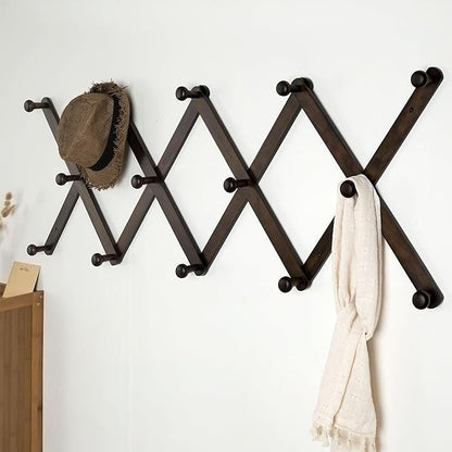 SKOLOO Large Hat Rack for Wall, Wooden Accordion Wall Hanger, Modern, Expandable Coat Hooks, Hat Display Rack for Home, Office, and Studio, 14 Peg, Walnut
