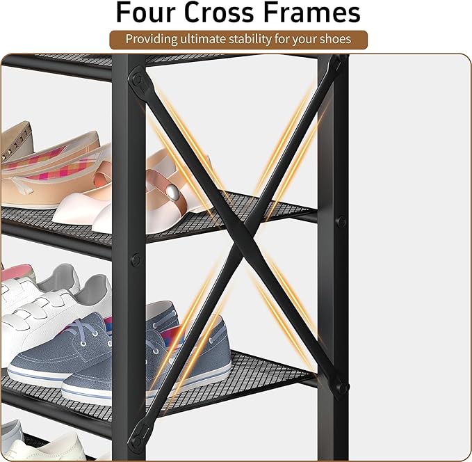 4 Tier Shoe Rack, Metal Shoe Organizer with Wooden Top, Shoe Shelf for Entryway Closet Door Entrance, Rustic Brown