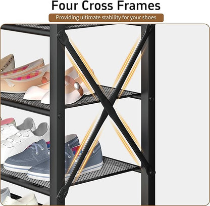 4 Tier Shoe Rack, Metal Shoe Organizer with Wooden Top, Shoe Shelf for Entryway Closet Door Entrance, Rustic Brown