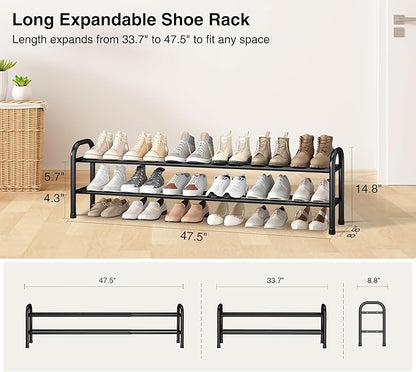 STO STO Long Expandable Shoe Rack 2-Tier, Adjustable Length 33.7”–47.5” Shoe Organizer, Metal Shoes Storage Shelf, Holds Up to 18 Pairs, Non-Slip Feet, for Closet, Entryway, Hallway, Front Door, Black