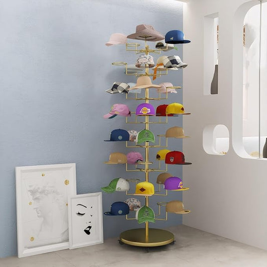 8 Tier Hat Rack with 40 Hooks for Hanging Hats or Wigs, Freestanding Hat Rack Stand, Metal Hat Organizer Rack, Rolling Retail Hat Display Rack for Home/Store (Gold,8 Tier)