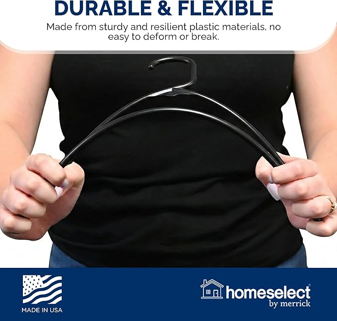 Homeselect 50 Pk Plastic Clothes Hangers Made in USA, No Shoulder Bumps, Space Saving, Hooks for Dresses and Strap, 6lb Capacity (Black)