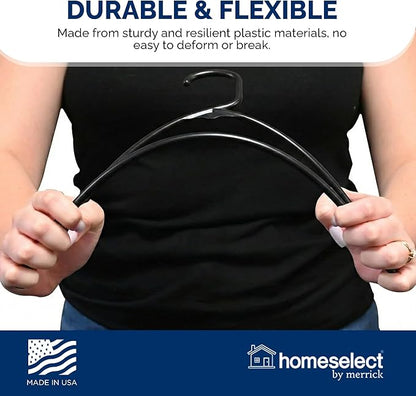 Homeselect 50 Pk Plastic Clothes Hangers Made in USA, No Shoulder Bumps, Space Saving, Hooks for Dresses and Strap, 6lb Capacity (Black)