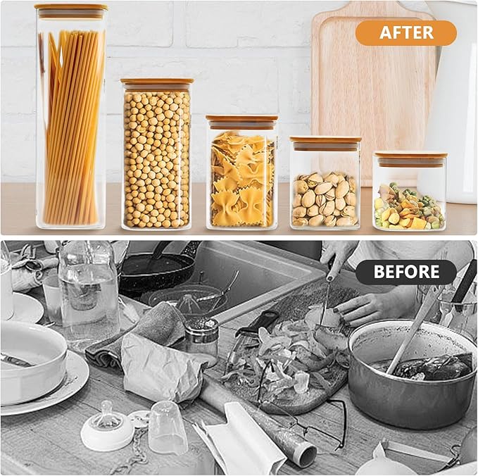 5 Pack Glass Food Storage Jars, Clear Glass Canister Food Jar with Bamboo Wooden Lid Food Storage Container for Sugar, Pasta, Snack, Coffee Beans, Cookies, Nuts, Coffee Beans