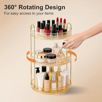 360 Rotating Makeup Organizer for Vanity, 3 Tier Perfume Skincare Organizers and Storage for Bathroom Countertop, Large Capacity Clear Spinning Counter Cosmetic Holder for Dresser, Amber Gold