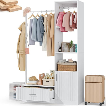 PatioPerk Closet System,Closet Organizer with Hanging Rods & Storage Shelves,Wardrobe Clothes Rack with Drawers and coat tree, Modern Garment Rack for Dressing Room, Hallway, White