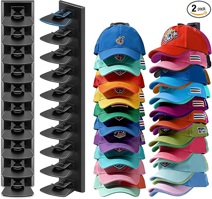 Vrurc Hat Organizer for Baseball Caps, 2 Pack Wall Mounted Rack with Strong Adhesive, Multilayer Storage Holds 40 Hats for Closet Door, Bedroom & Entryway, Space-Saving Display Holder (Black)
