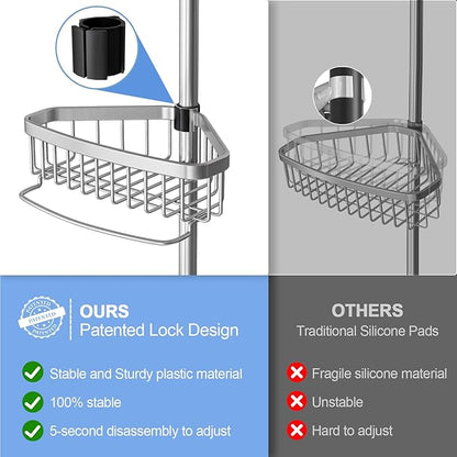 ESSEME Corner Shower Caddy Tension Pole: Adjustable Rustproof 4-Tier Inside Bathroom Organizer - 47-121 inch Quick Installation Bathtub Shelves for Shampoo Storage - Rod Floor Standing Bath Rack
