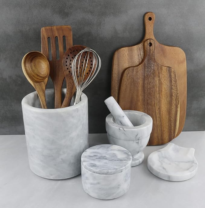 HillSpring Marble Salt Cellar with Lid and Wooden Spoon, 4" Handcrafted Spice Pepper Herbs Box