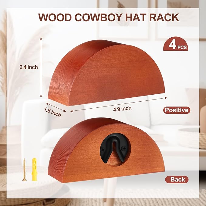 Briwooody 4 Pack Cowboy Hat Rack Holder, Retro Wooden Hat Hanger Wall Mount – Keeps Original Shape, Rustic Western Decor for Fedoras, Caps, Display