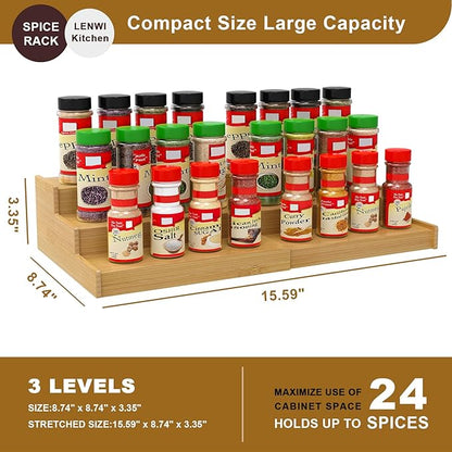 Lenwi Spice Rack Organizer for Cabinet, 3 Tier Expandable Bamboo Spice Storage for Kitchen Cupboard Pantry