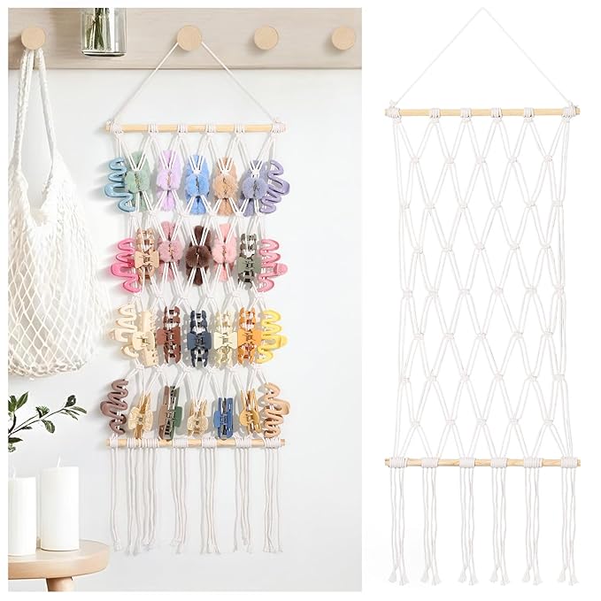 SNOWSTAR Macrame Claw Clip Organizer, Hanging Hair Clip Holder for Women Girls, 4-Tier Diamond-Shaped Grid Claw Clip Hanger, Hanging for Wall,Door,Closet. (white)