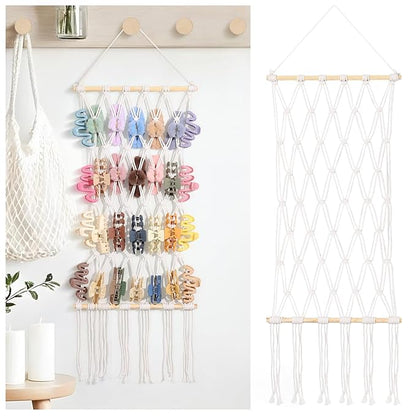 SNOWSTAR Macrame Claw Clip Organizer, Hanging Hair Clip Holder for Women Girls, 4-Tier Diamond-Shaped Grid Claw Clip Hanger, Hanging for Wall,Door,Closet. (white)