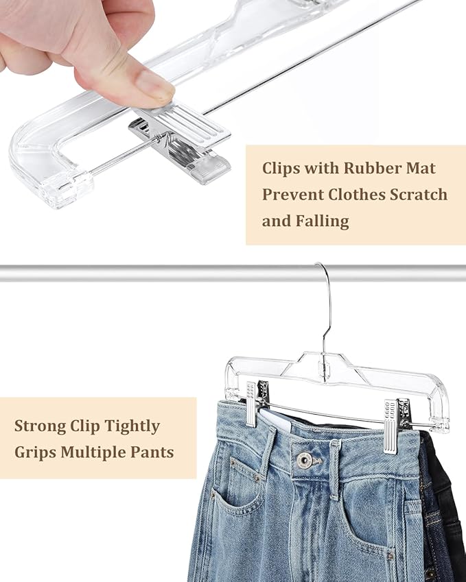 AMKUFO Pants-Hangers-with-Clips-15-Pack, 14 Inch Clear-Plastic-Skirts-Hangers-with-Adjustable-Clips for Shorts Jeans Trousers, Clothes-Hangers Non-Slip Clip-Hangers