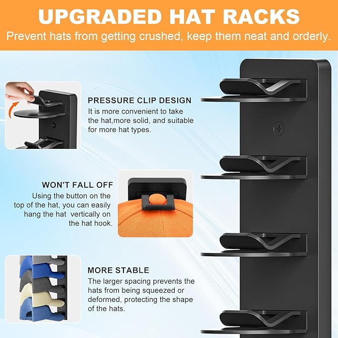 Vocanoe Hat Organizer for Baseball Caps, 2 Pack Hat Rack for Wall Strong Adhesive, Multilayer Hat Storage Holder, Wall Mounted Cap Racks for Closet Door and Bedroom