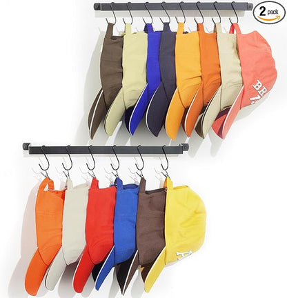 AQAREA Hat Rack Closet Storage Wall: 12 Adjustable Stainless Steel Clips and 17 Inch Hat Holder - Hat Hanger Display Space Saving - Tie Belt Hanger for Closet Storage Solution - 2 Pack