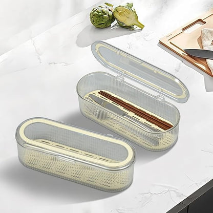 Silverware Storage Container with Lid and Drain,Clear Covered Cutlery Tray for Kitchen Drawers and Countertops Organizing Cutlery and Kitchen Gadgets