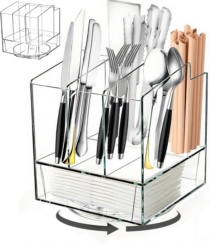 Cididu Acrylic Utensil Holder 360 Rotating, 2 Tier Silverware Organizer with Napkin Storage, Space Saving Countertop Caddy for Kitchen Table, Party, Holds Forks, Spoons, Knives, Napkins, 6.7''x7.8''