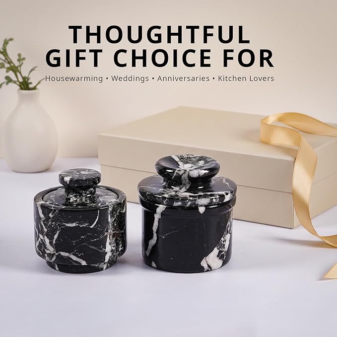 Marble Butter Keeper and Salt Cellar Set, Black Zebra Marble Kitchen Counter Containers for Butter, Seasoning & Condiments, Home & Kitchen Décor