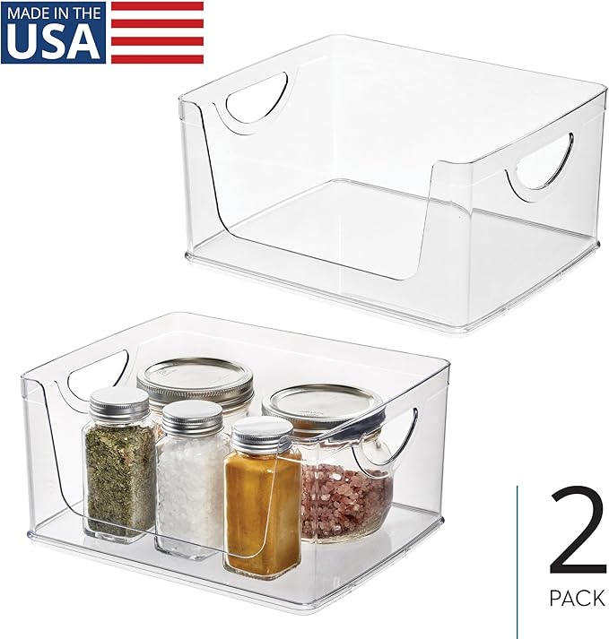 iDesign Stackable Open-Front Storage Bin with Handles for Kitchen, Set of 2, Clear, Made in USA