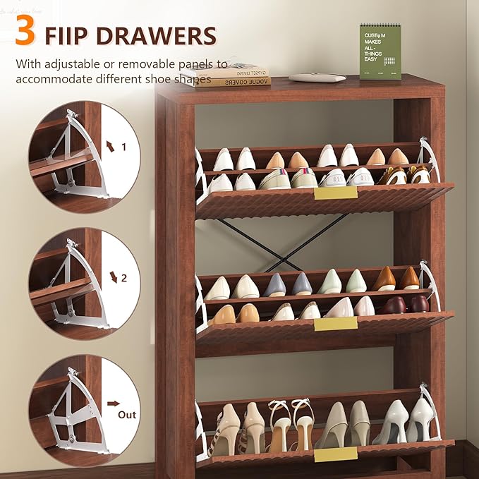 YOMILUVE Shoe Cabinet Storage for Entryway, Fluted Shoe Cabinet with 3 Flip Drawers, Hidden Shoe Rack Tall Freestanding Shoe Organizer with Legs for Hallway, Walnut