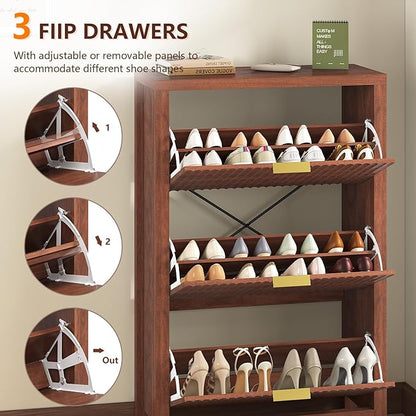 YOMILUVE Shoe Cabinet Storage for Entryway, Fluted Shoe Cabinet with 3 Flip Drawers, Hidden Shoe Rack Tall Freestanding Shoe Organizer with Legs for Hallway, Walnut