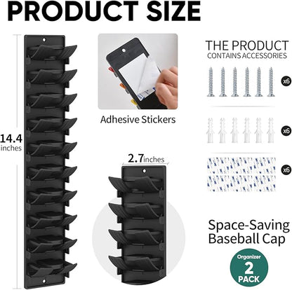 Hat Organizer for Baseball Caps, 2 Pack Wall Mount Hat Rack with Spring Clips, Holds 20 Caps, Black Hat Holder for Closet Door
