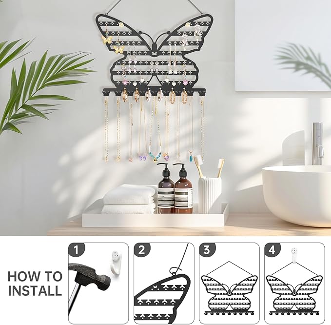 NiHome Butterfly Wall Mounted Jewelry Organizer, Decorative Metal Earring and Necklace Holder for Bedroom, Vanity, or Closet, Stylish Organizer with Easy Hanging for Fashion Lovers (Black)