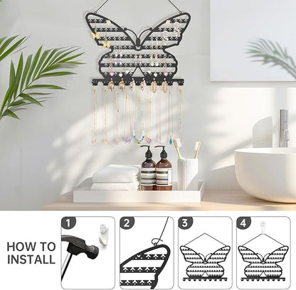 NiHome Butterfly Wall Mounted Jewelry Organizer, Decorative Metal Earring and Necklace Holder for Bedroom, Vanity, or Closet, Stylish Organizer with Easy Hanging for Fashion Lovers (Black)