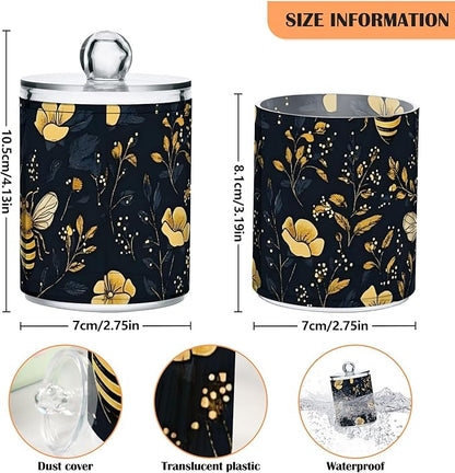 4 Pack Qtip Holder Dispenser Bumblebee Wildflowers Cotton Ball Cotton Swab Cotton Round Pads Floss Clear Bathroom Storage Containers Plastic Apothecary Jars with Lids