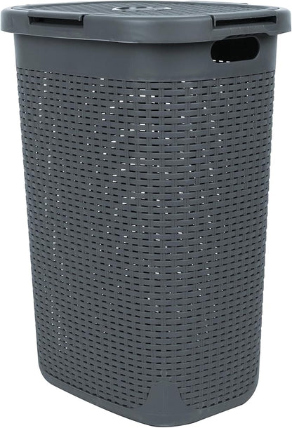 Mind Reader Slim Laundry Hamper with Lid, 60L Tall Clothes Basket, Narrow Tapered Design for Bathrooms, Closets and Laundry Rooms, Plastic, Gray