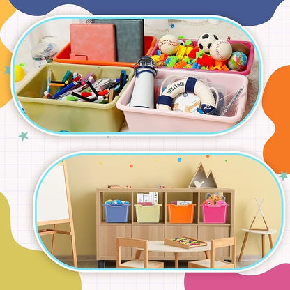 Dandat 16 Pcs Plastic Book Bins for Classroom Library Cubby Bins Scoop Front Stackable Toy Storage Tubs Containers for School Office Home Nursery Playroom Organization (Vintage Color)