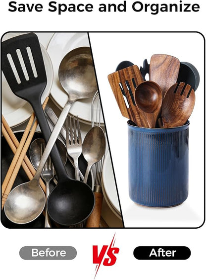 LoeJan Utensil Holder, Extra Large Utensil Crock, Stable Ceramic Utensil Organizer, Cooking Tool Organizer Set for Kitchen Counter Farmhouse Décor, Flambe Blue