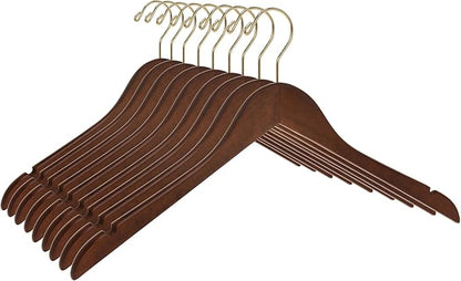 Quality Semi Curved Wooden Suit Hangers, 80-Pack Smooth Finish Solid Wood Coat Hanger with Swivel Hook, Jacket, Pant, Dress Clothes Hangers (Walnut - Gold Hook, 80)