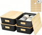 Bagnizer 4 Pack Plastic Storage Bins with Bamboo Lids, 6.2qt Stackable Storage Organizer Box with Lable for Pantry Shelves Drawers Desktop Office, 12"L x 8.3"W x 3.5"H, Black