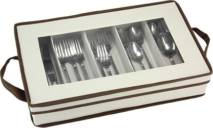 Household Essentials Cream Canvas Flatware Chest with Brown Trim