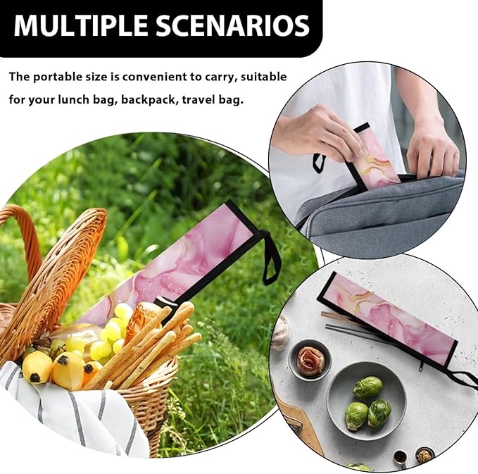Portable Travel Tableware Box Pink Marble Flatware Storage Box Case Travel Utensils Cutlery Case with Bag for Fork Spoon Chopsticks