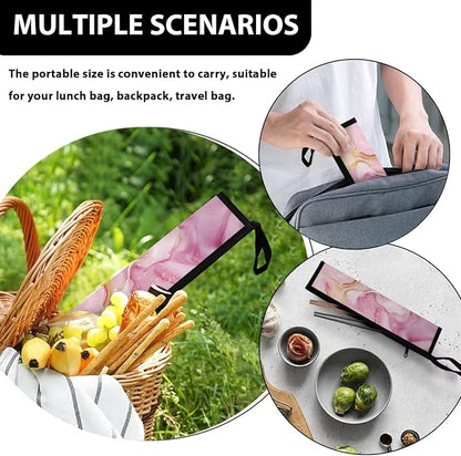 Portable Travel Tableware Box Pink Marble Flatware Storage Box Case Travel Utensils Cutlery Case with Bag for Fork Spoon Chopsticks