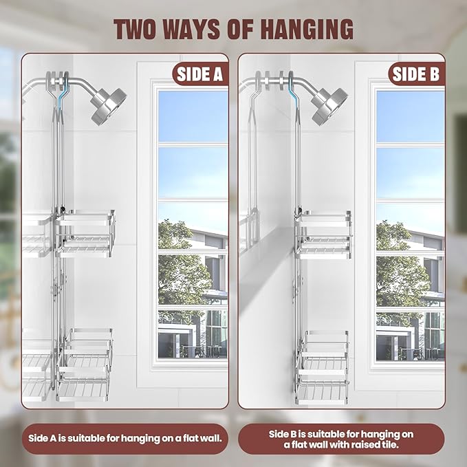 REINHARDT Adjustable Shower Caddy Hanging Rustproof Shower Caddy for Handheld Showerheads, Shower Organizer with Hooks Soap Holder, Anti-Swing Shower Rack Bathroom Accessories, Silver