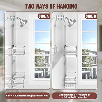 REINHARDT Adjustable Shower Caddy Hanging Rustproof Shower Caddy for Handheld Showerheads, Shower Organizer with Hooks Soap Holder, Anti-Swing Shower Rack Bathroom Accessories, Silver