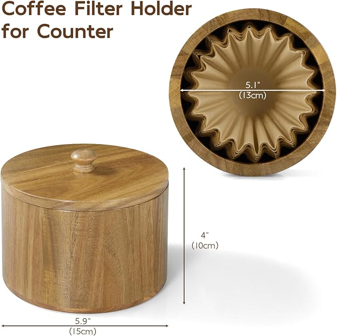Coffee Filter Holder, Acacia Wood Filter Storage Container for Counter, Coffee Bar Accessories for Home Decor