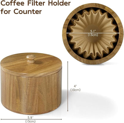 Coffee Filter Holder, Acacia Wood Filter Storage Container for Counter, Coffee Bar Accessories for Home Decor